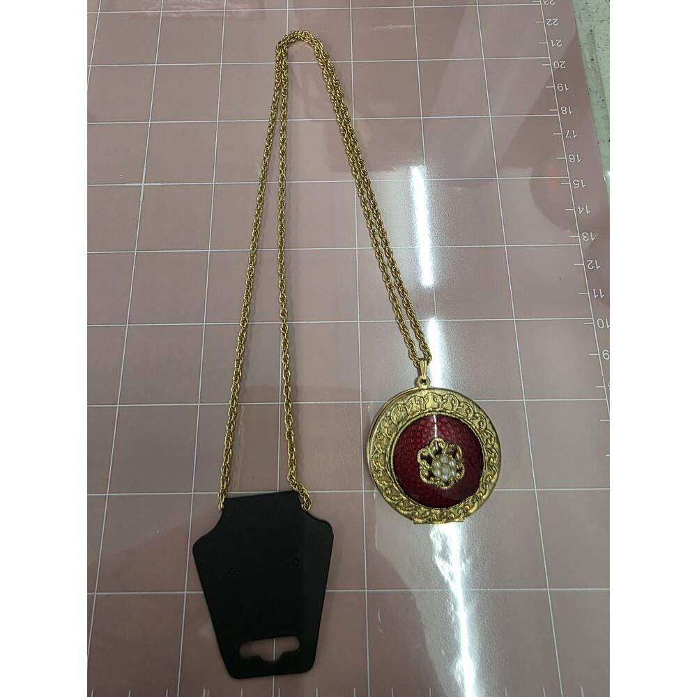 Vintage Guilloche Necklace With Photo Locket Pendant On Gold Tone Chain